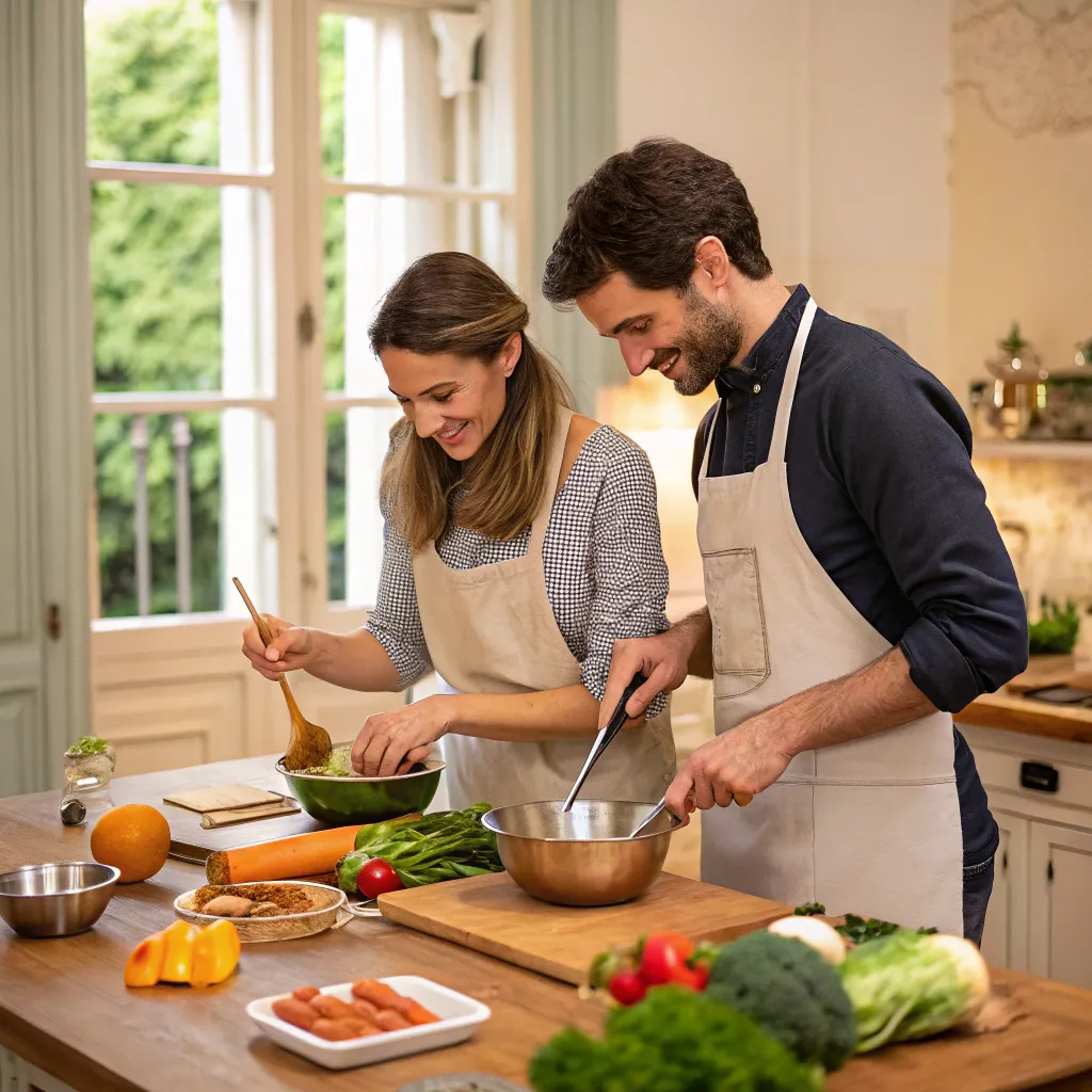 Couple enjoying French cuisine class
