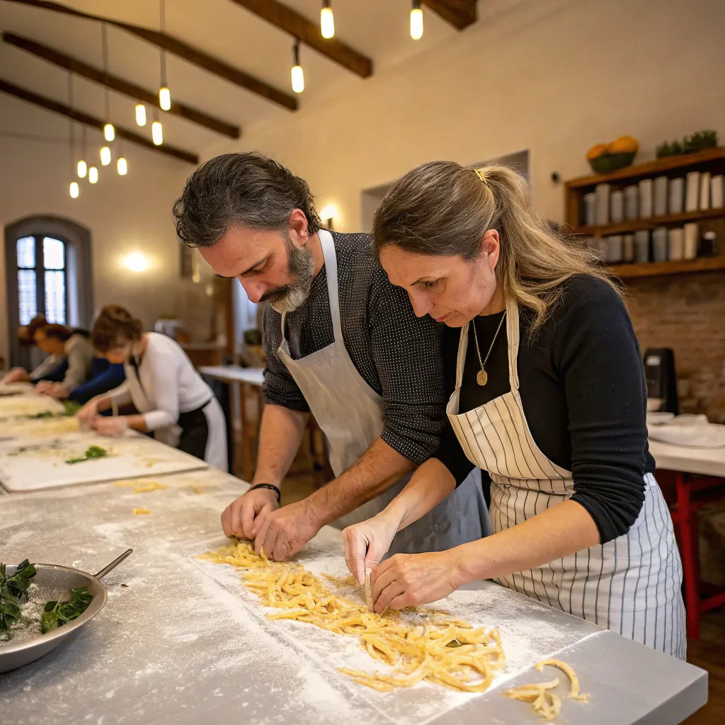 Couple making pasta in Italian cooking class